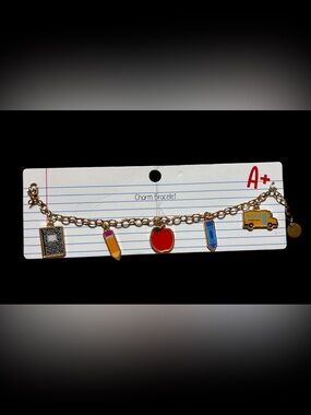 Gold Tone Charm Bracelet with Red Apple and Colored Pencil Charms